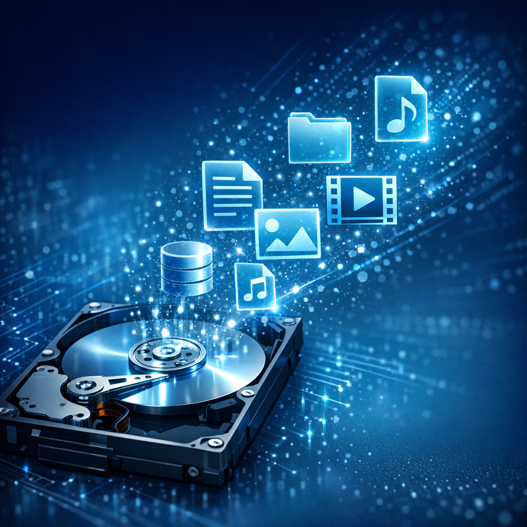 Logischer Datenverlust (Versehentlich gelöscht oder formatiert) - Modern professional data recovery concept for logical data loss, deleted files and formatted drive, abstract hard drive with glowing file icons, clean blue technology background, no text