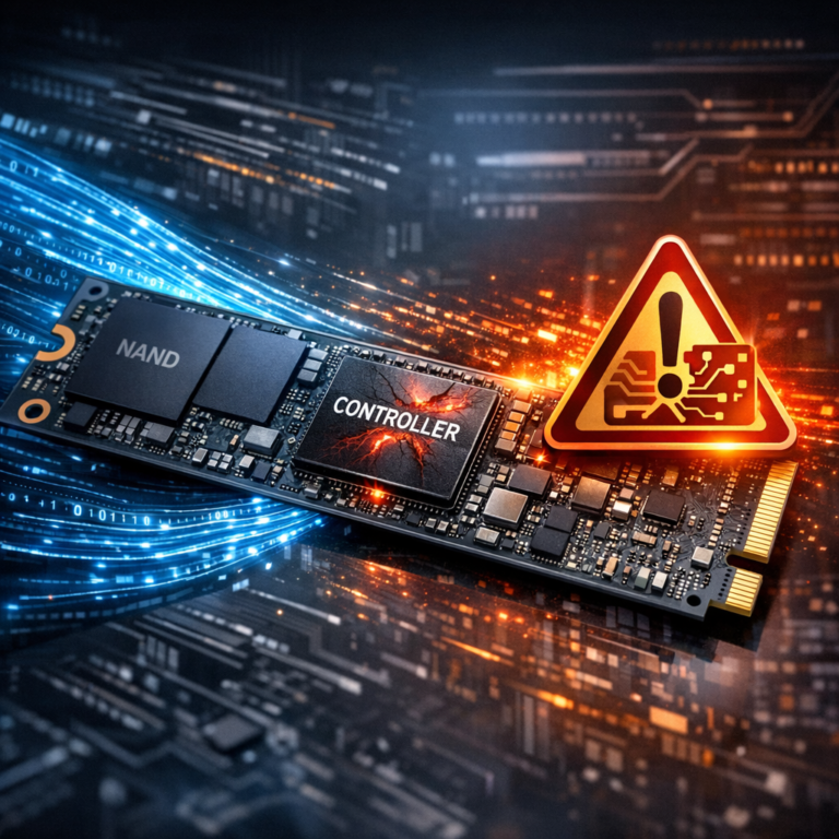 Moderne Speichermedien: SSD-Besonderheiten & Controller-Defekte - Modernes technisches Beitragsbild zu SSD-Speichermedien und Controller-Defekten: geöffnete NVMe SSD mit sichtbaren Chips, digitale Datenströme, Warnsymbol für Controller-Ausfall, dunkler moderner Tech-Hintergrund, professioneller Blogstil, scharf, hochwertig