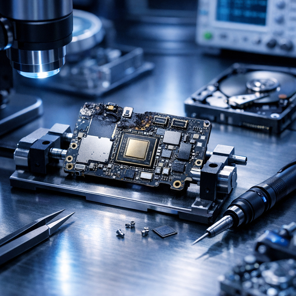 Smartphone Datenrettung bei defekter CPU: Manchmal möglich - Modern professional data recovery laboratory scene with a damaged smartphone motherboard, visible CPU chip, precision tools, blue technology lighting, clean high-tech style, no text, realistic