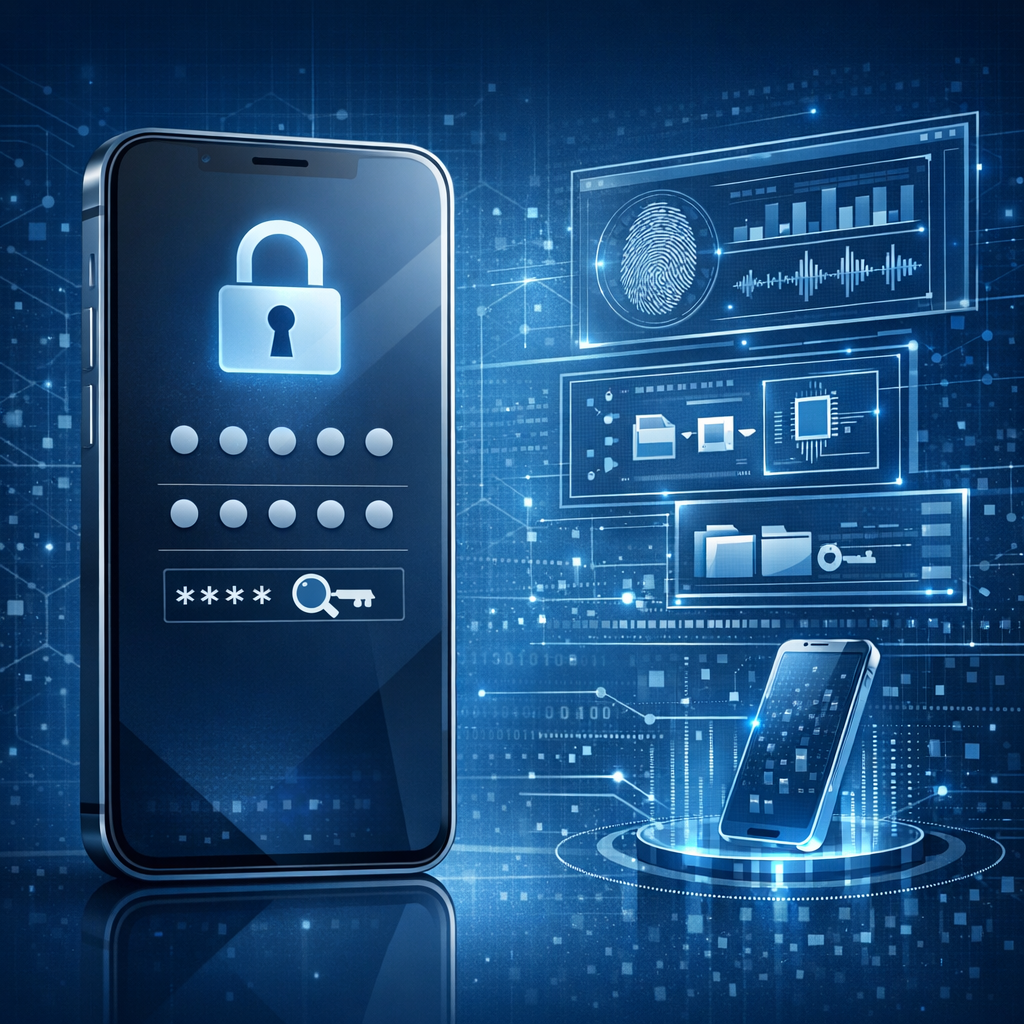 Smartphone – Passwort, Muster oder PIN vergessen - Modern professional smartphone data recovery illustration: locked smartphone with PIN dots and password symbols, digital forensic analysis interface, blue technology background, secure data recovery, clean corporate style, no text