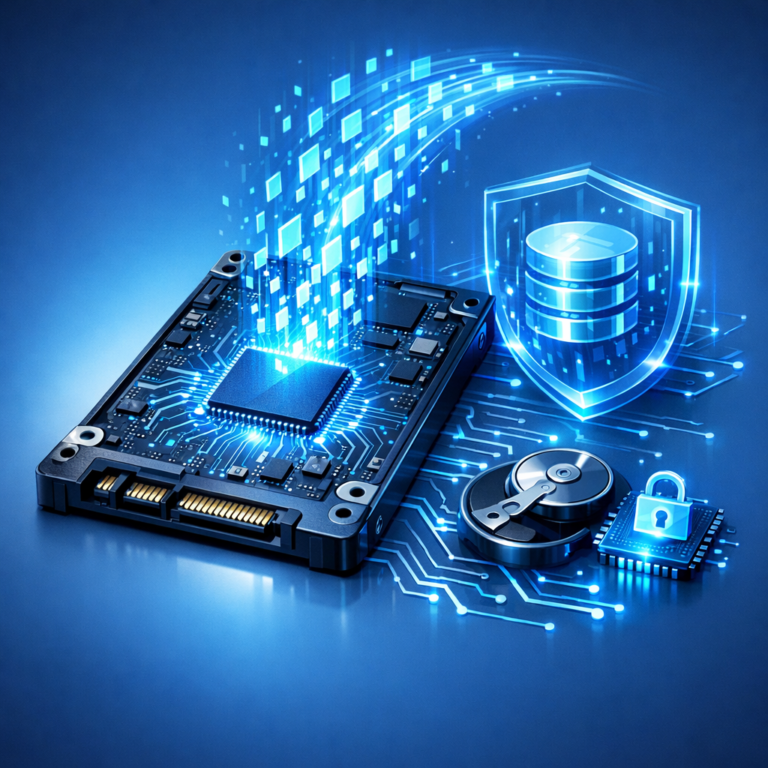 SSD-Datenrettung: Kosten, Erfolgschancen und was man auf keinen Fall tun sollte - Modern professional illustration of SSD data recovery, solid state drive with glowing circuit traces, secure digital data restoration, blue technology style, clean background, no text
