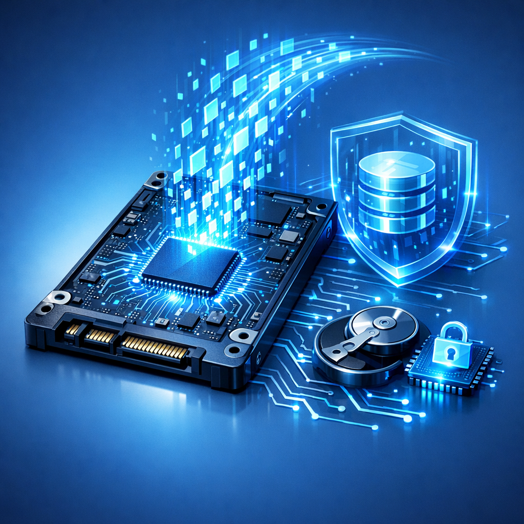SSD-Datenrettung: Kosten, Erfolgschancen und was man auf keinen Fall tun sollte - Modern professional illustration of SSD data recovery, solid state drive with glowing circuit traces, secure digital data restoration, blue technology style, clean background, no text