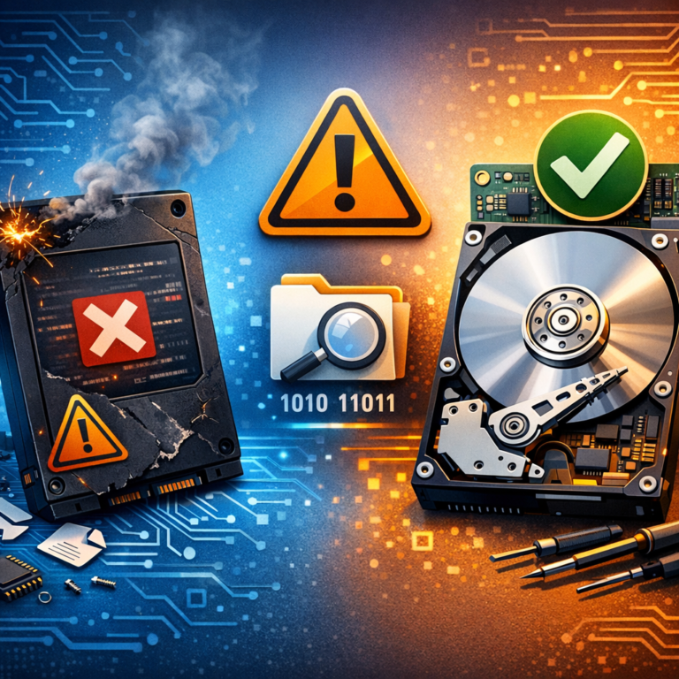 SSD defekt: Warum eine Datenrettung oft schwieriger ist als bei einer HDD - Modern professional illustration of a failed SSD drive compared with a traditional HDD, data recovery concept, circuit board details, warning icon, clean blue and orange technology style, realistic 16:9 blog header