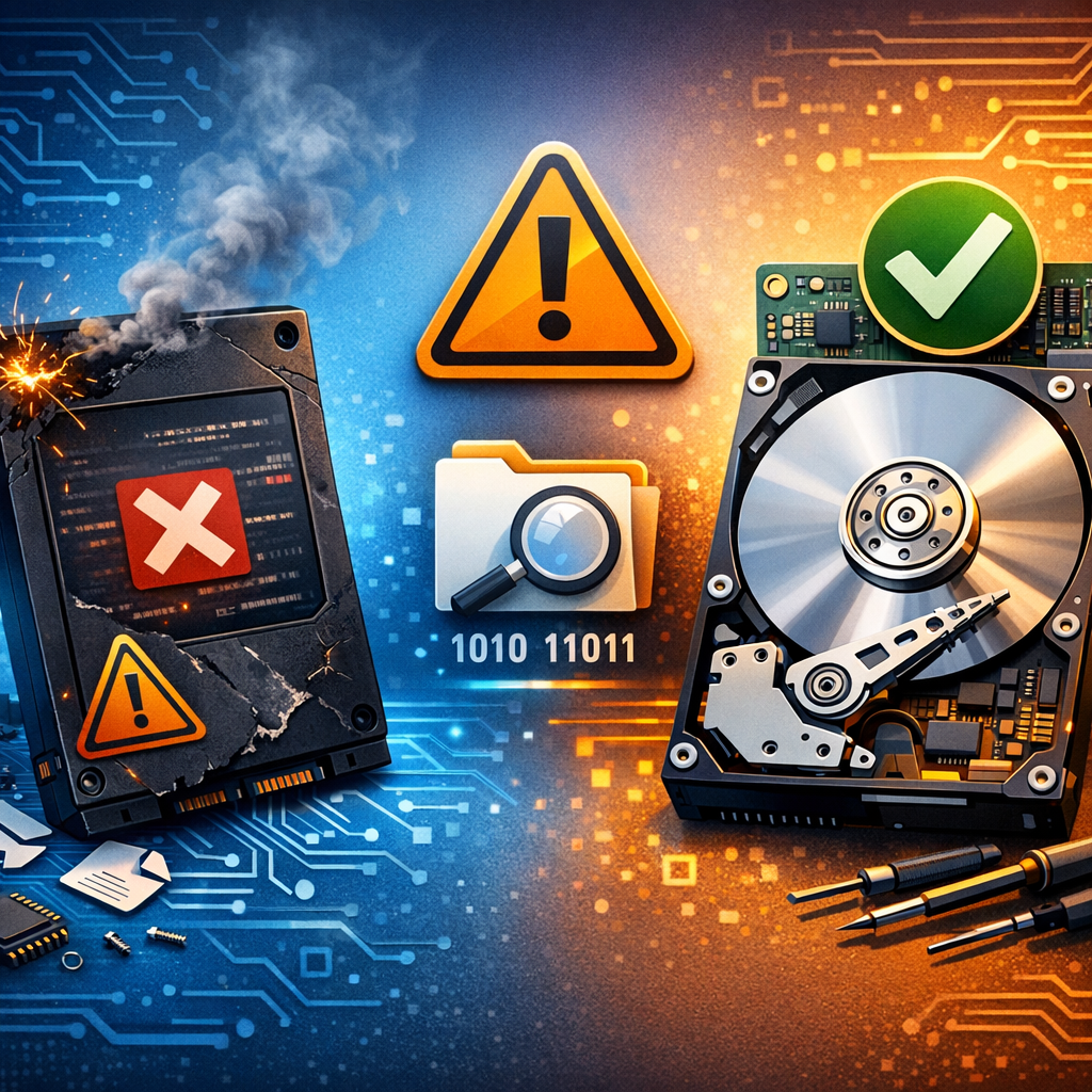 SSD defekt: Warum eine Datenrettung oft schwieriger ist als bei einer HDD - Modern professional illustration of a failed SSD drive compared with a traditional HDD, data recovery concept, circuit board details, warning icon, clean blue and orange technology style, realistic 16:9 blog header