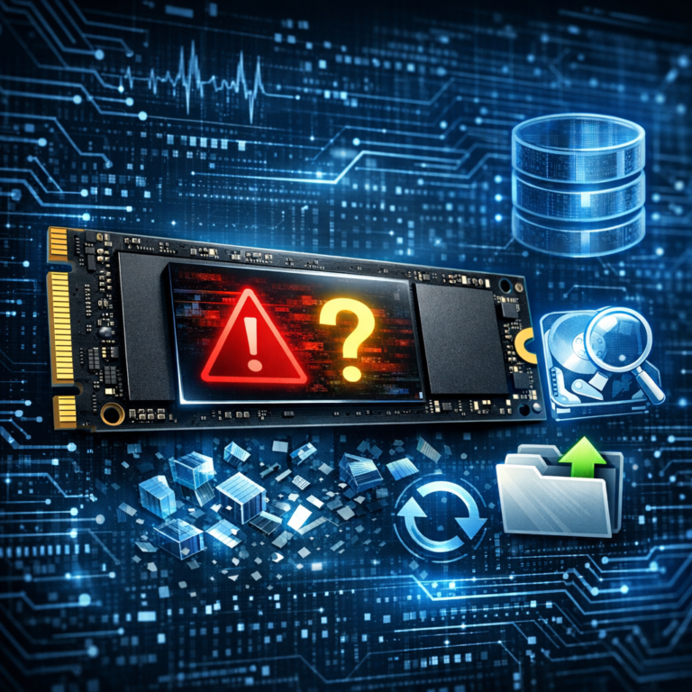 SSD plötzlich leer oder RAW: Daten retten nach Formatierung, Dateisystemfehler oder Datenverlust - Modern technical hero image showing an SSD drive with warning RAW filesystem message, data recovery symbols, digital blue circuit background, professional IT style, no text