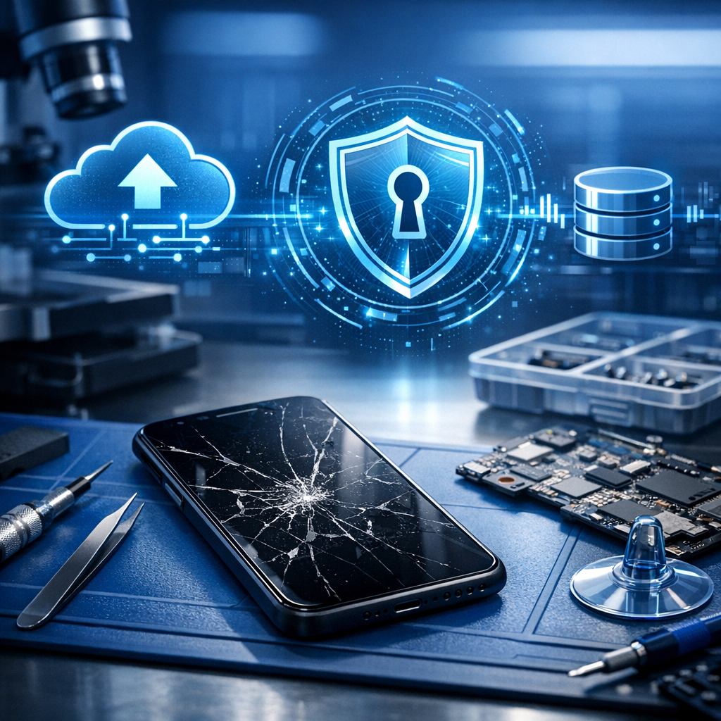 Warum Datenrettung vor dem Displaytausch wichtig ist - Modern smartphone repair scene with cracked display and secure data recovery concept, blue tech style, shield icon, backup cloud, professional clean lighting, no text