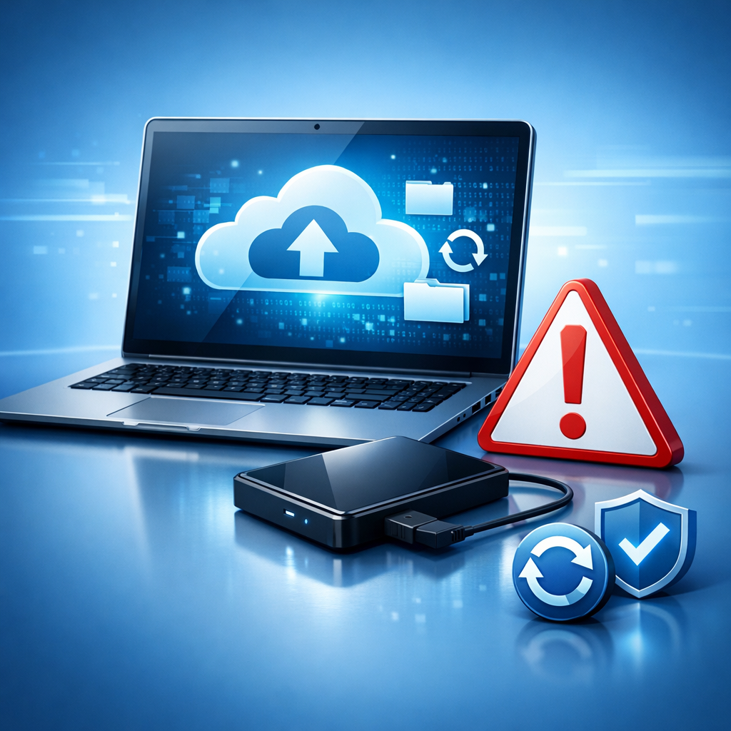 Was soll ich als Erstes tun, wenn Daten weg sind? - Modern data recovery first aid concept: laptop, external hard drive, warning symbol, cloud backup icons, clean blue tech style, professional WordPress featured image, no text
