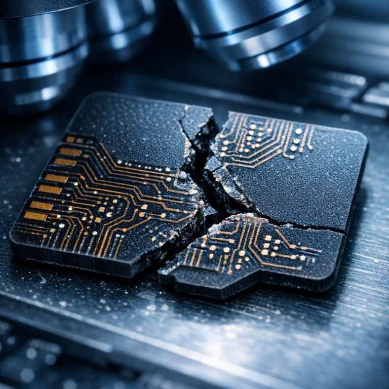 Zersprungene MicroSD-Monolithen (Chip-Off mit Mikroskop) - Realistic macro photo of a cracked microSD card monolith under a digital microscope in a professional data recovery lab, visible fine circuit traces, cool blue technical lighting, high detail, clean modern technology aesthetic, no text